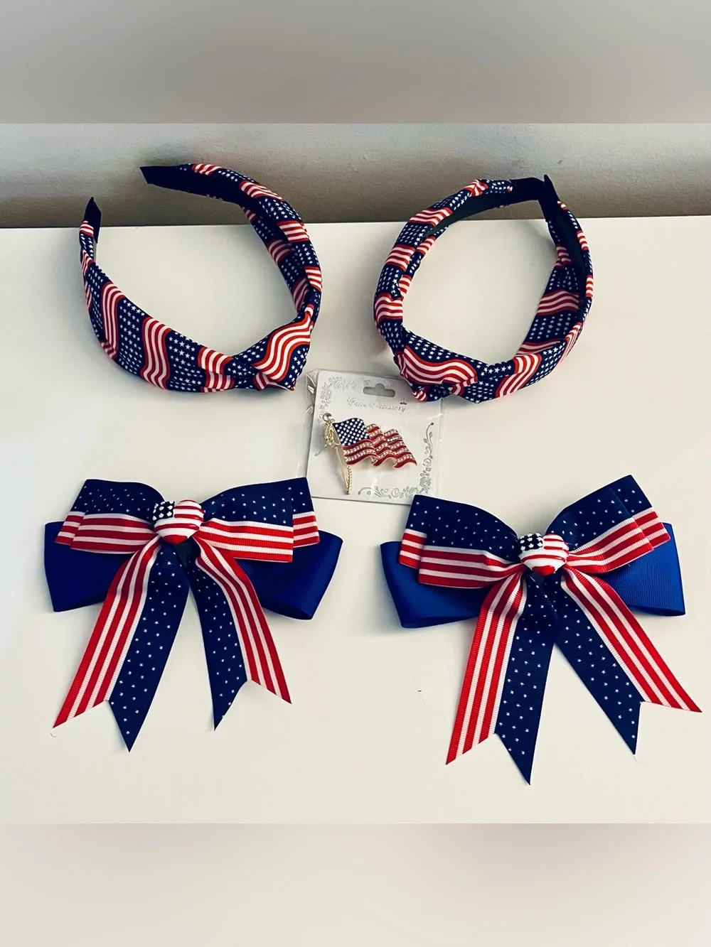Patriotic  Hair Set with American Flag Bows and Headbands & Flag Brooch!